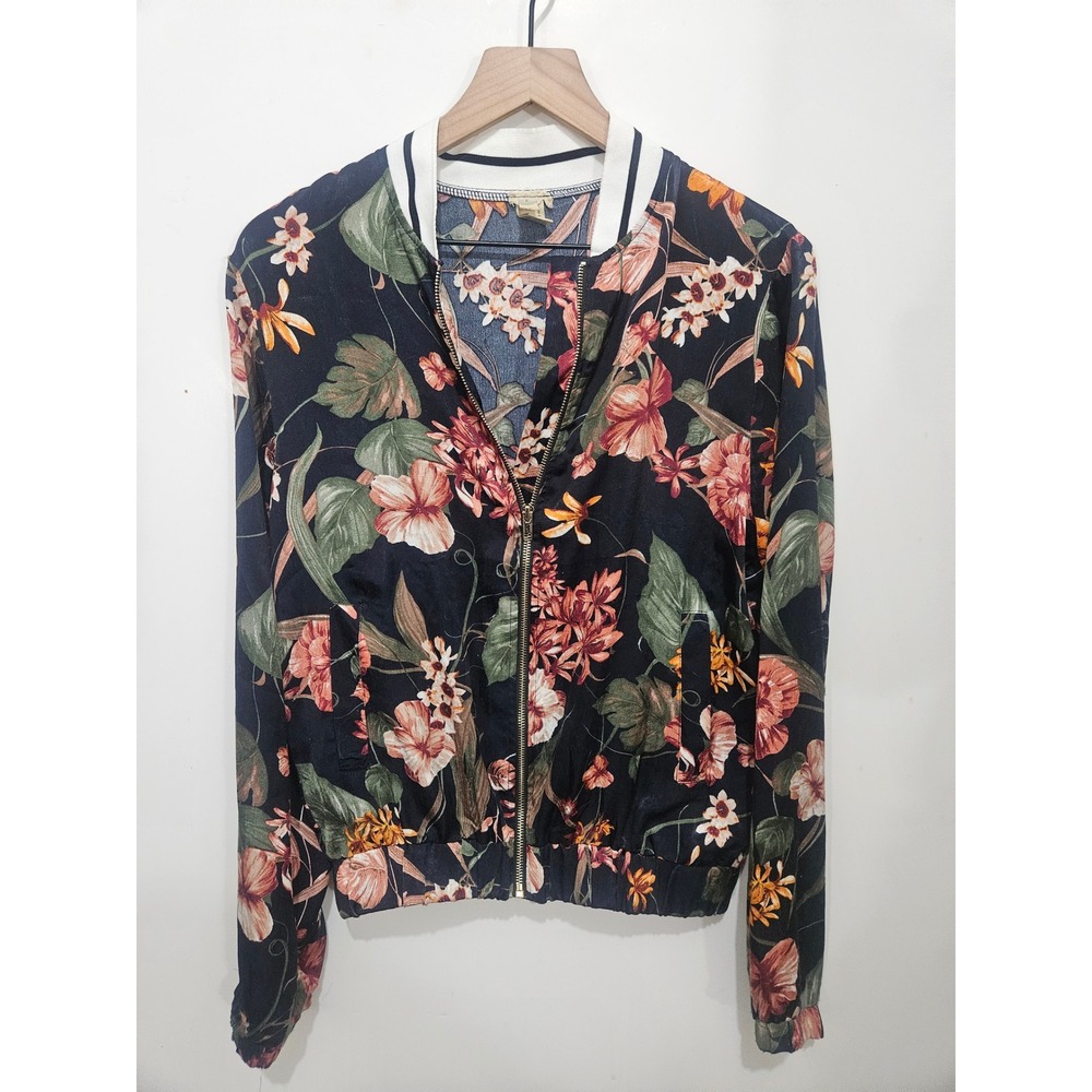Gimmicks by BKE Women Navy Floral Bomber Jacket Size M Tropical Zip Up